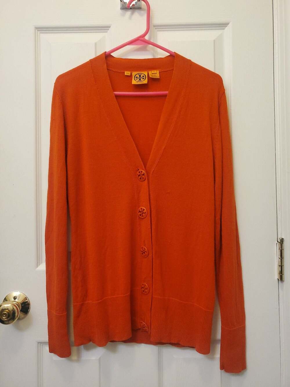 Tory Burch Orange 100% Wool V-Neck Cardigan Sweater with Logo Buttons Size M